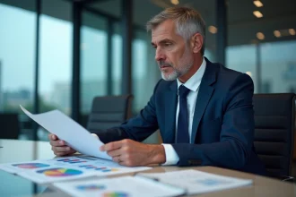 Homme d'affaires en costume regardant des rapports financiers