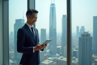 Homme d'affaires asiatique en costume dans un bureau moderne