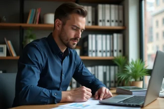 Homme en chemise navy analysant des documents fiscaux sur un bureau en bois, illustrant la stratégie d'optimisation fiscale avec la flat tax et le 2BH