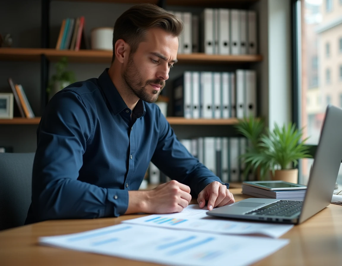 Homme en chemise navy analysant des documents fiscaux sur un bureau en bois, illustrant la stratégie d'optimisation fiscale avec la flat tax et le 2BH