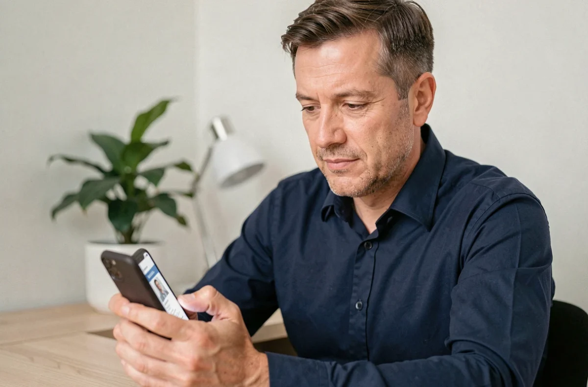 Homme consultant une application de prêt entre particuliers sur smartphone pour un emprunt de 1500 euros