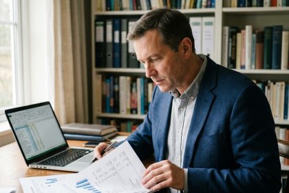 Homme consultant des documents d'assurance-vie et graphiques financiers dans un bureau à domicile