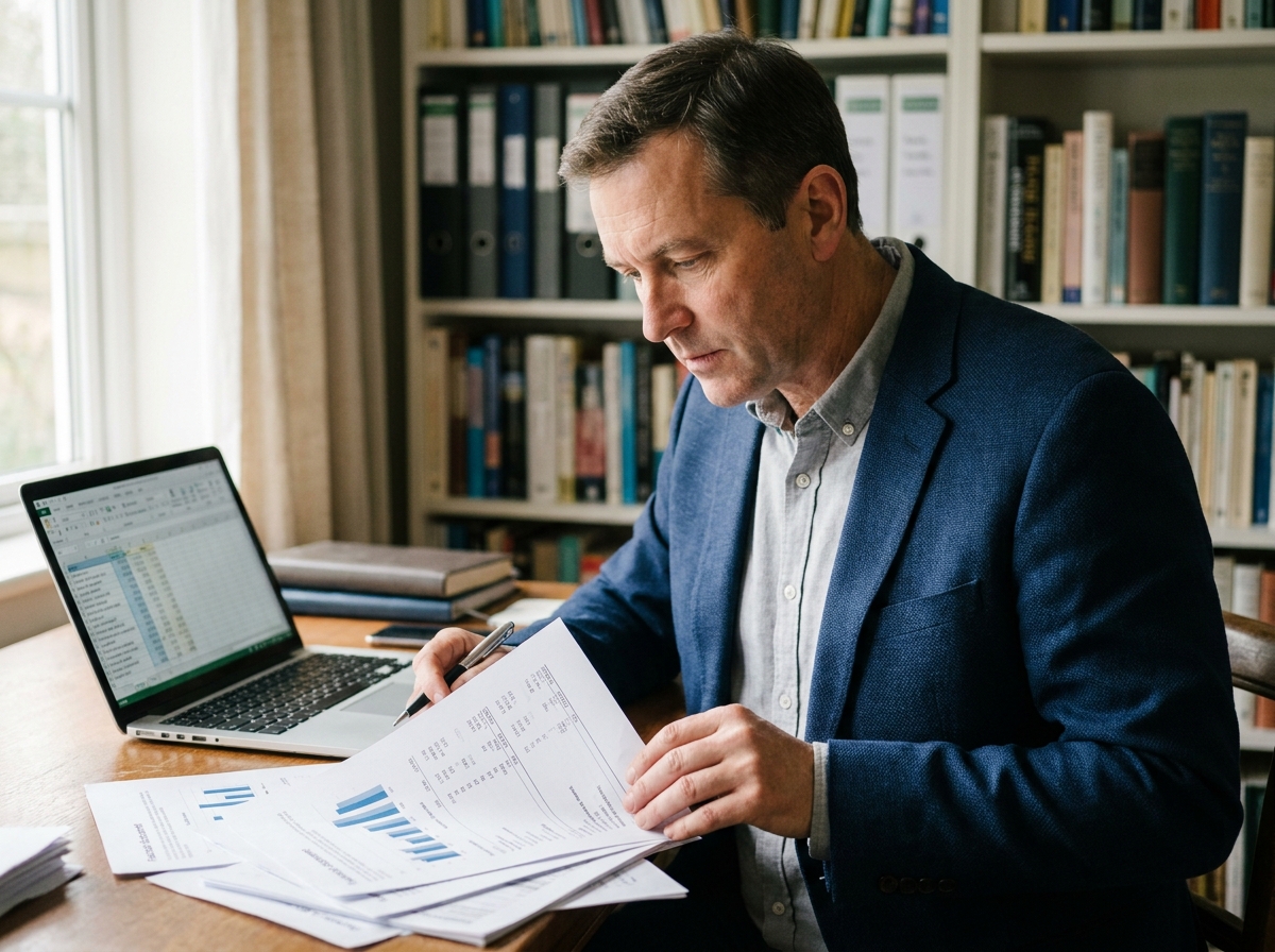 Homme consultant des documents d'assurance-vie et graphiques financiers dans un bureau à domicile