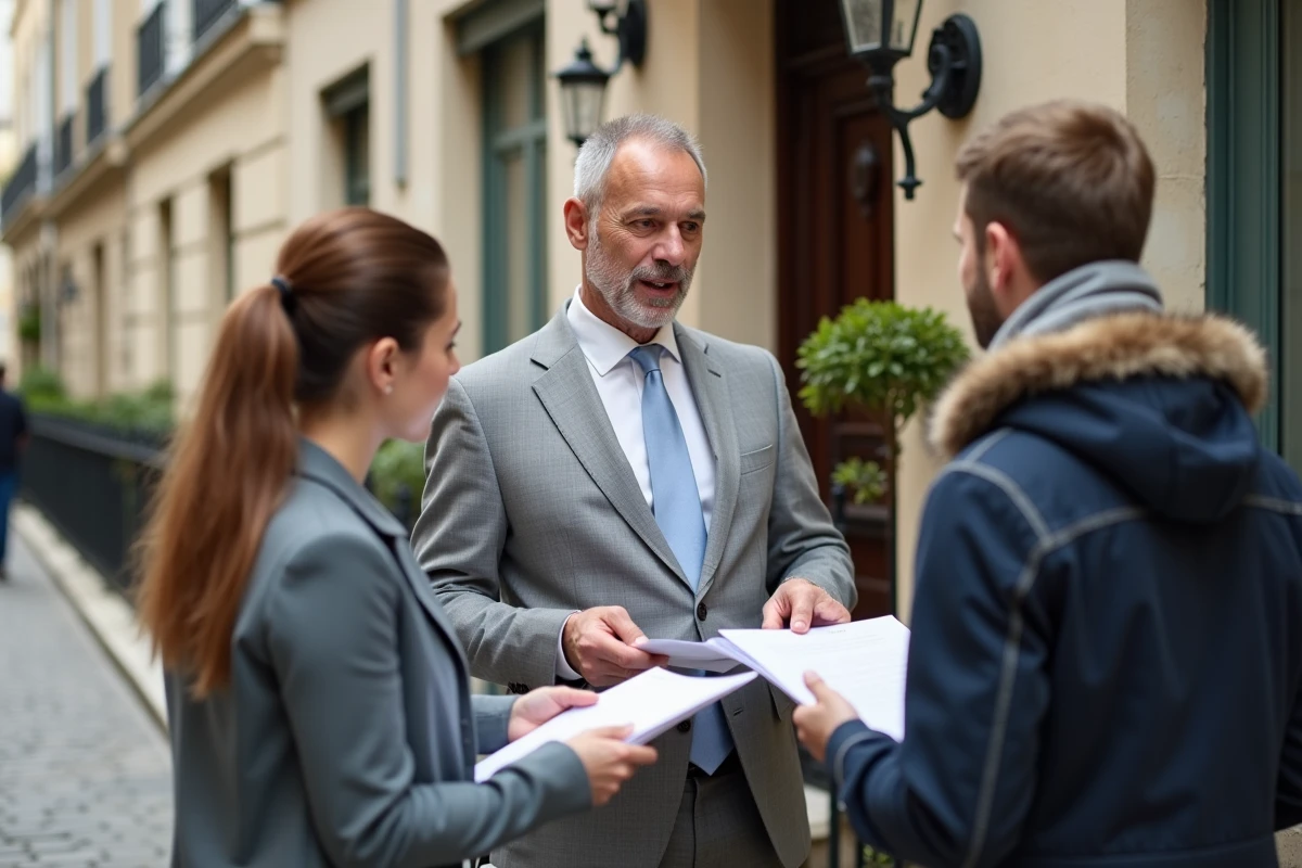 Homme discutant de documents de prêt avec un couple devant une maison