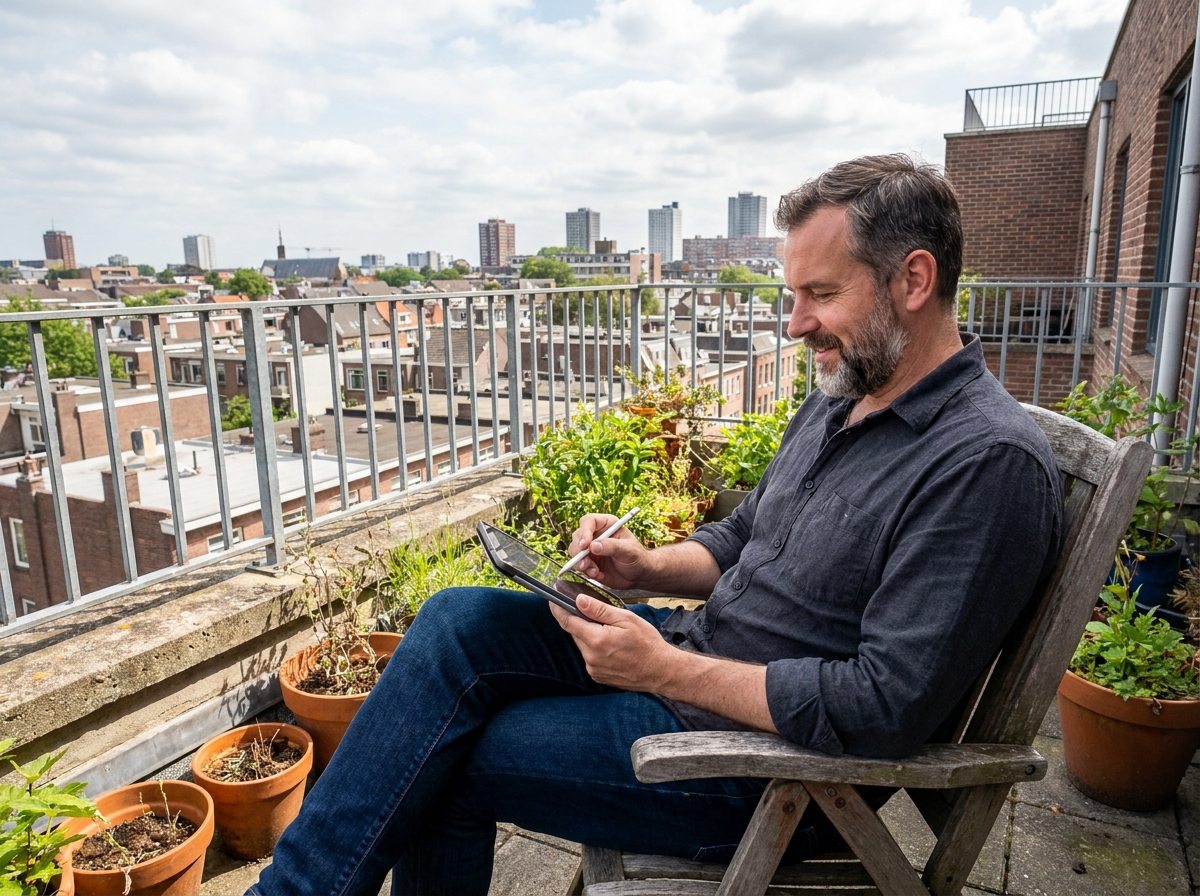 Homme remplissant une demande en ligne sur un balcon urbain