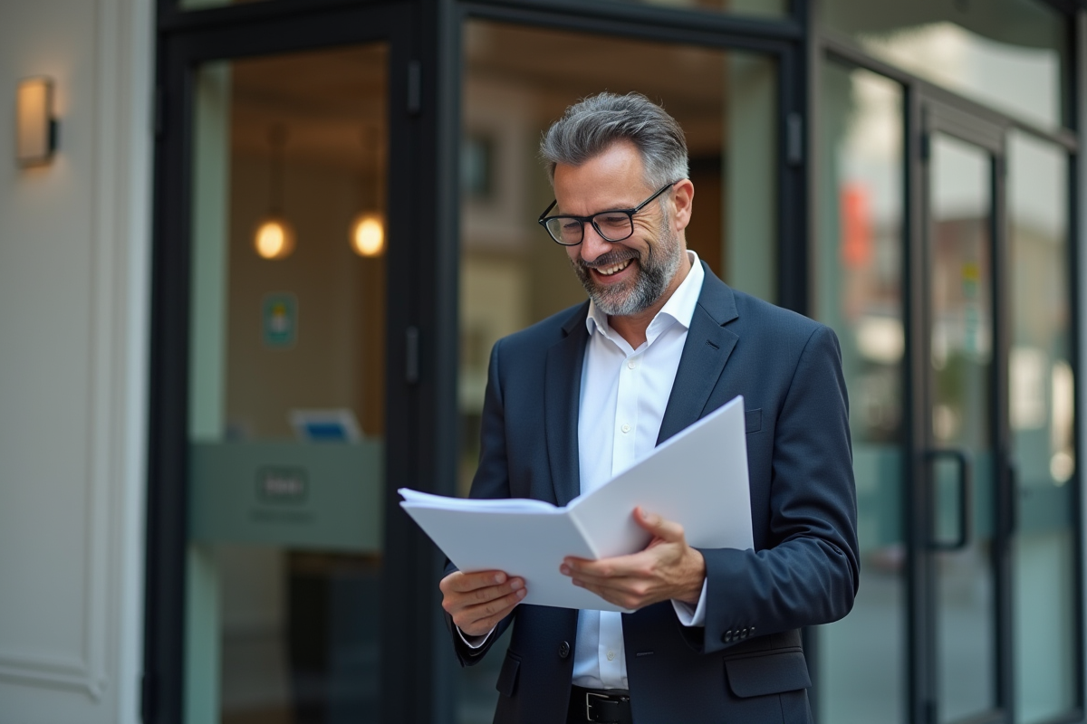 Homme d affaires examinant un dossier devant une banque