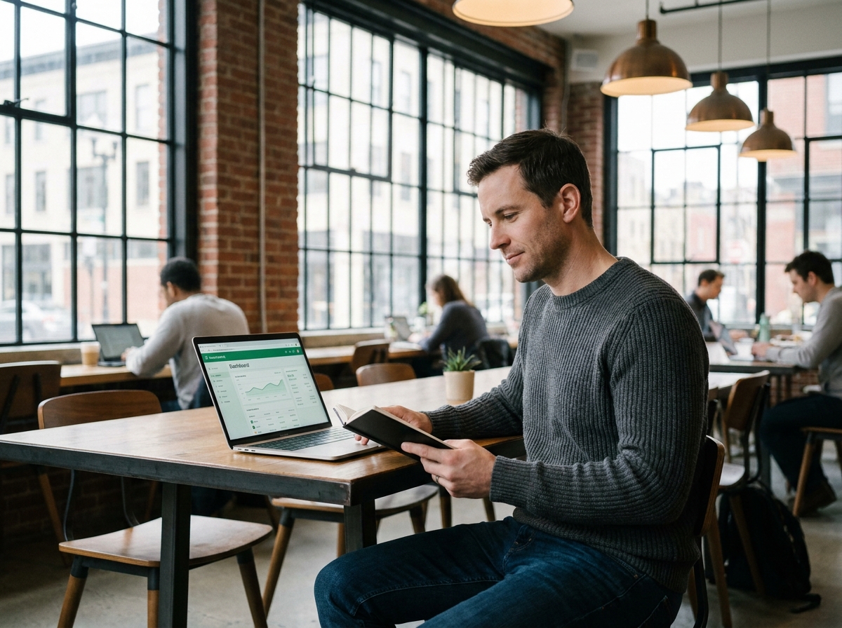 Homme utilisant une banque en ligne alternative dans un espace de coworking moderne