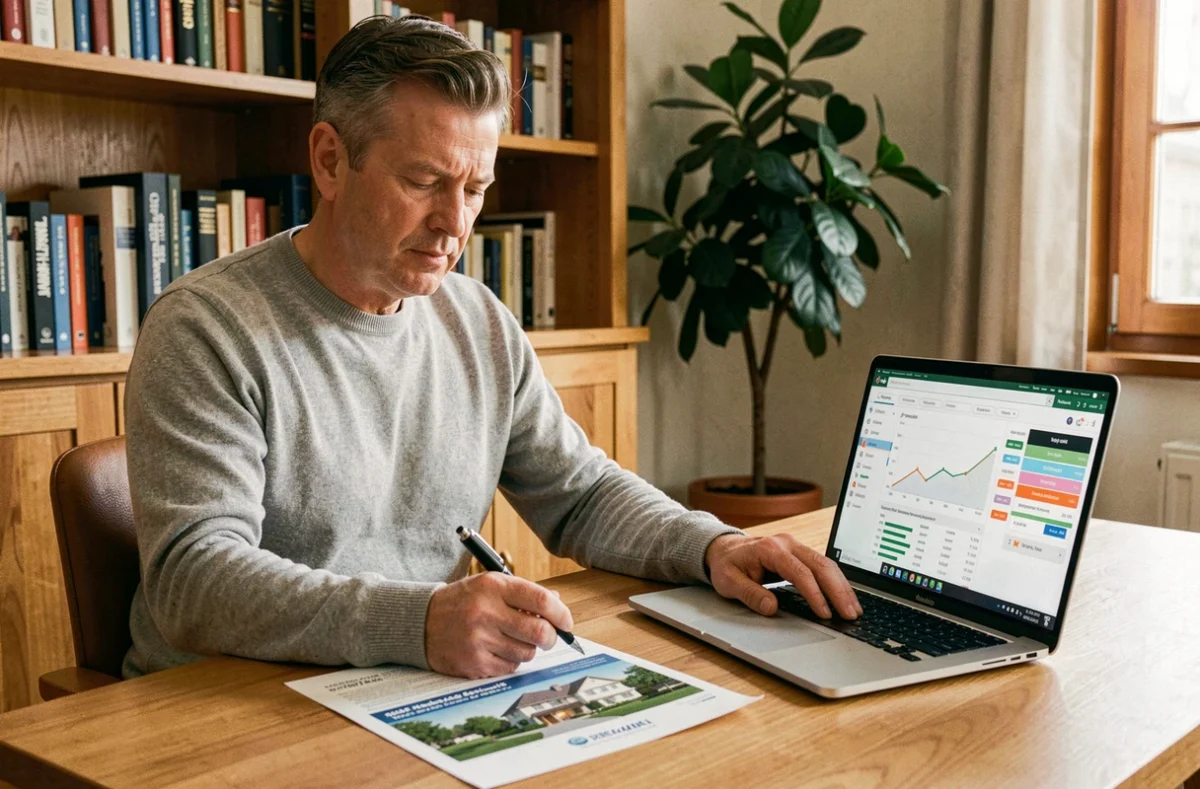 Homme consultant un tableau de bord d'investissement immobilier SCPI depuis son bureau à domicile