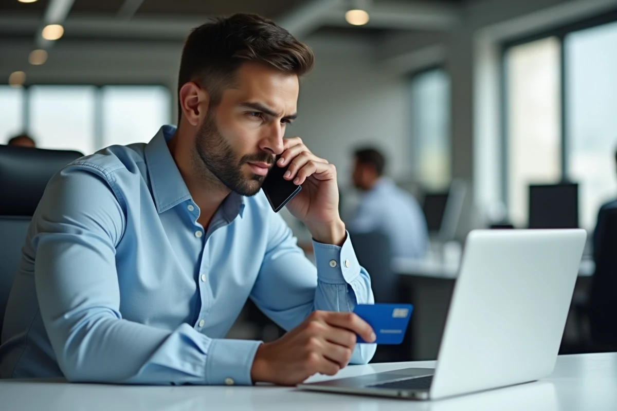 Homme en entreprise appelant le numéro Cetelem pour une opposition sur sa carte de crédit
