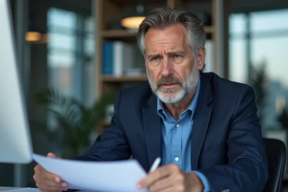 Homme d'affaires en costume bleu au bureau en pleine réflexion