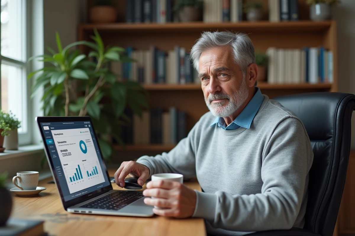 Homme comparant les taux d'un compte à terme Crédit Agricole sur son ordinateur à domicile