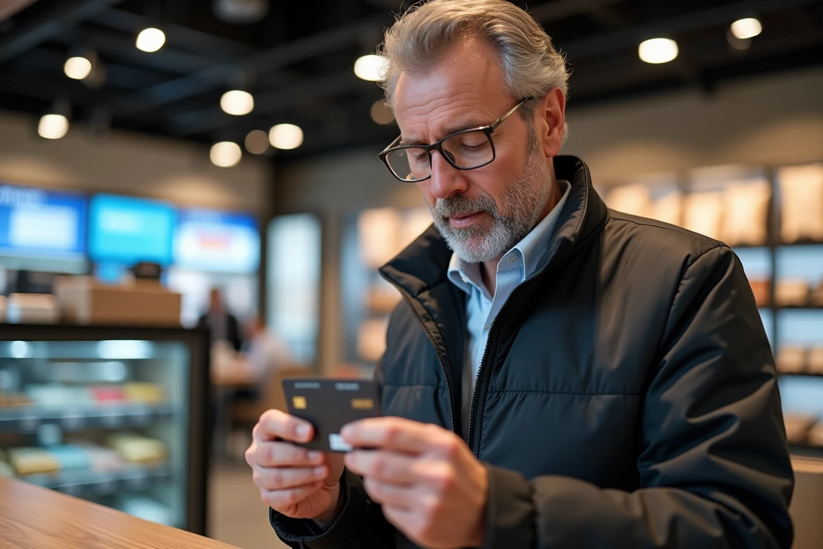 Homme compare un Ticket Kadéos et une carte cadeau en magasin