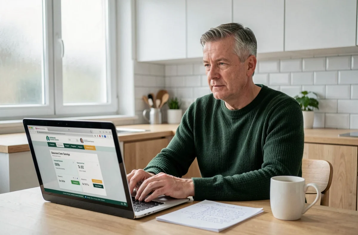 Homme comparant des offres d'assurance emprunteur en ligne depuis sa cuisine