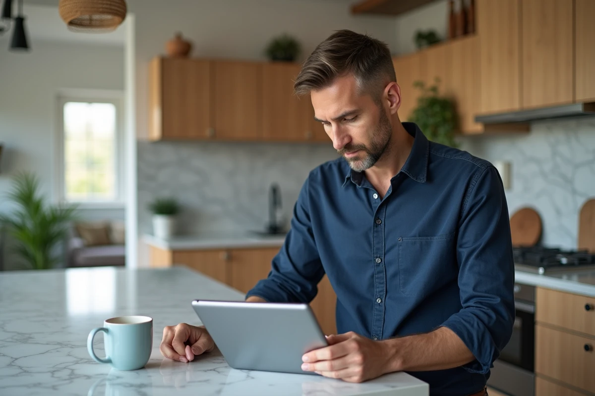 Homme consultant un résumé financier Floa sur tablette dans une cuisine moderne