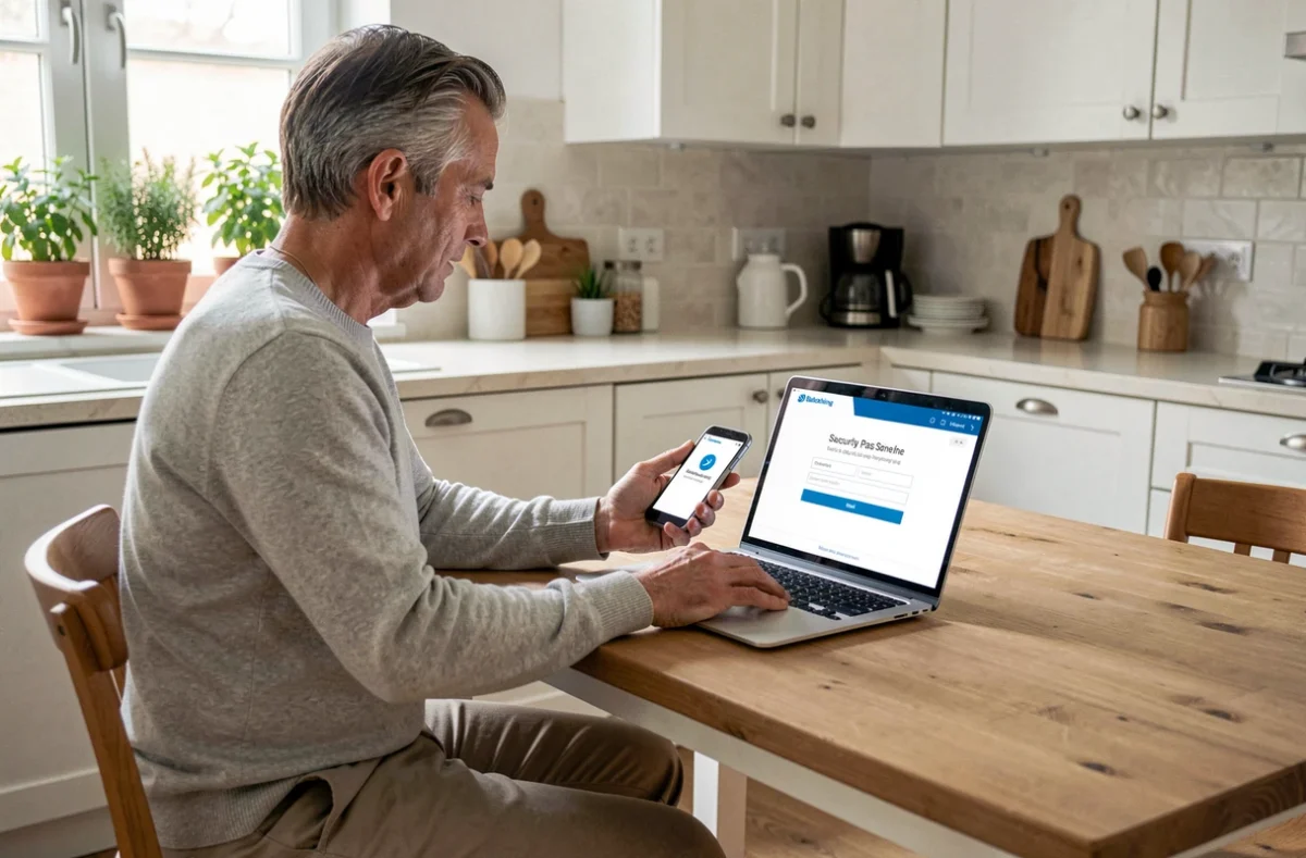 Homme consultant son espace bancaire Cyberplus sur ordinateur portable avec validation par pass sécurisé sur téléphone mobile à domicile