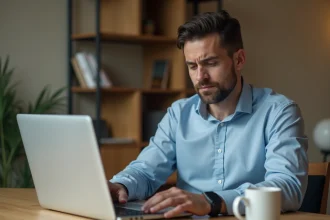 Homme frustré devant un écran d'ordinateur affichant une erreur de connexion à son espace Cofidis Pro