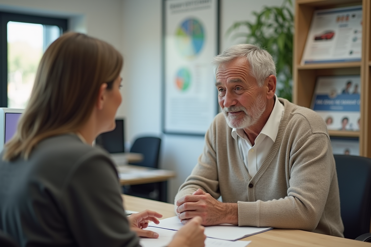Homme discutant avec conseiller retraite dans un bureau municipal