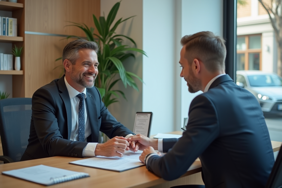 Homme et conseiller bancaire discutant de documents dans une agence