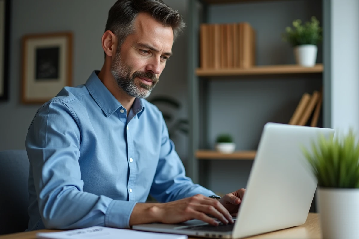 Homme consultant le calendrier des paiements CAF sur un ordinateur portable à domicile