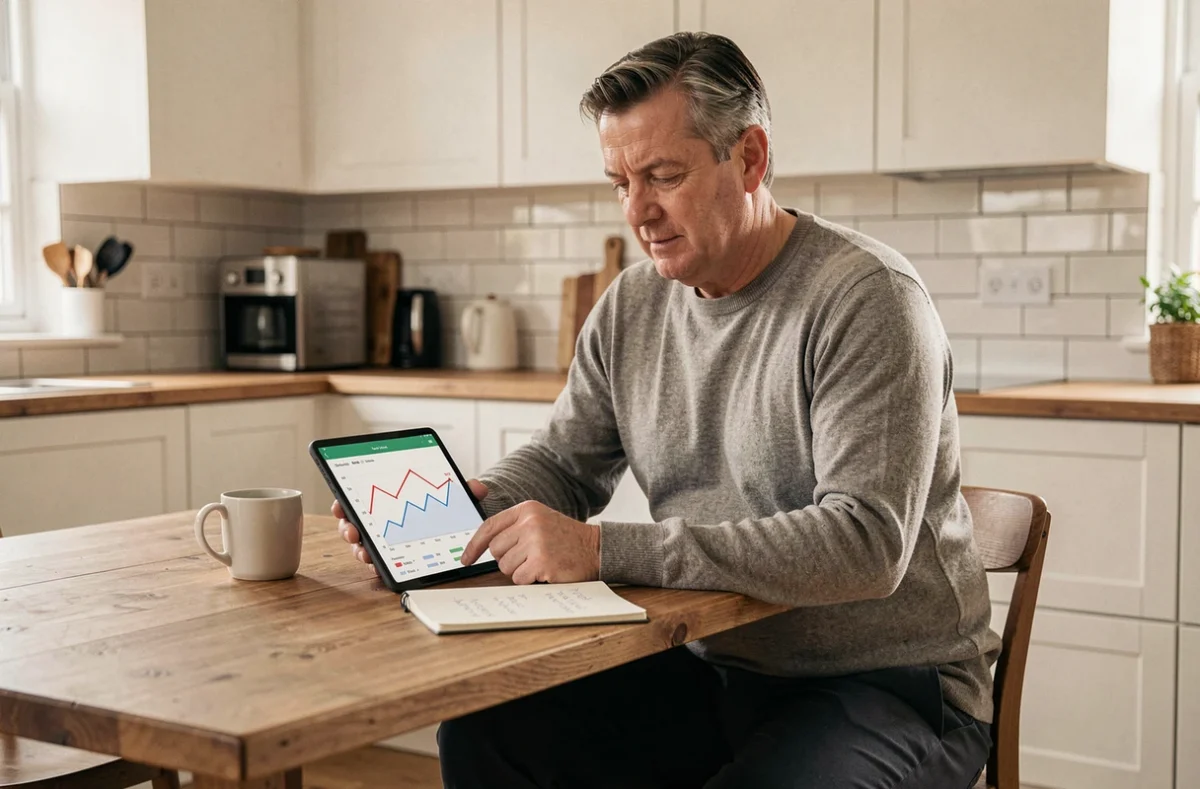 Homme à domicile consultant des graphiques de rendement SCPI sur tablette à la table de cuisine