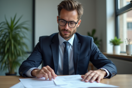 Homme en costume bleu examine des documents de prêt immobilier