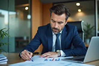 Homme en costume examinant des documents de crédit immobilier dans une agence bancaire moderne