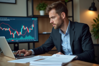 Jeune homme d'affaires regardant des graphiques crypto