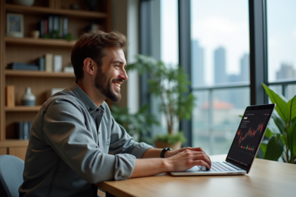 Homme souriant analysant graphiques de cryptomonnaie