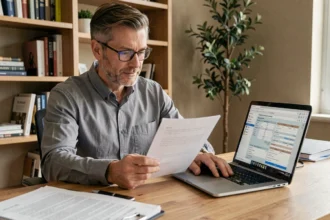 Un homme d'une quarantaine d'années examine des documents d'assurance emprunteur à son bureau à domicile, illustrant la garantie ITT