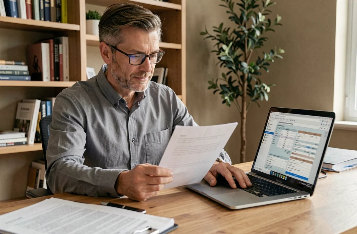 Un homme d'une quarantaine d'années examine des documents d'assurance emprunteur à son bureau à domicile, illustrant la garantie ITT