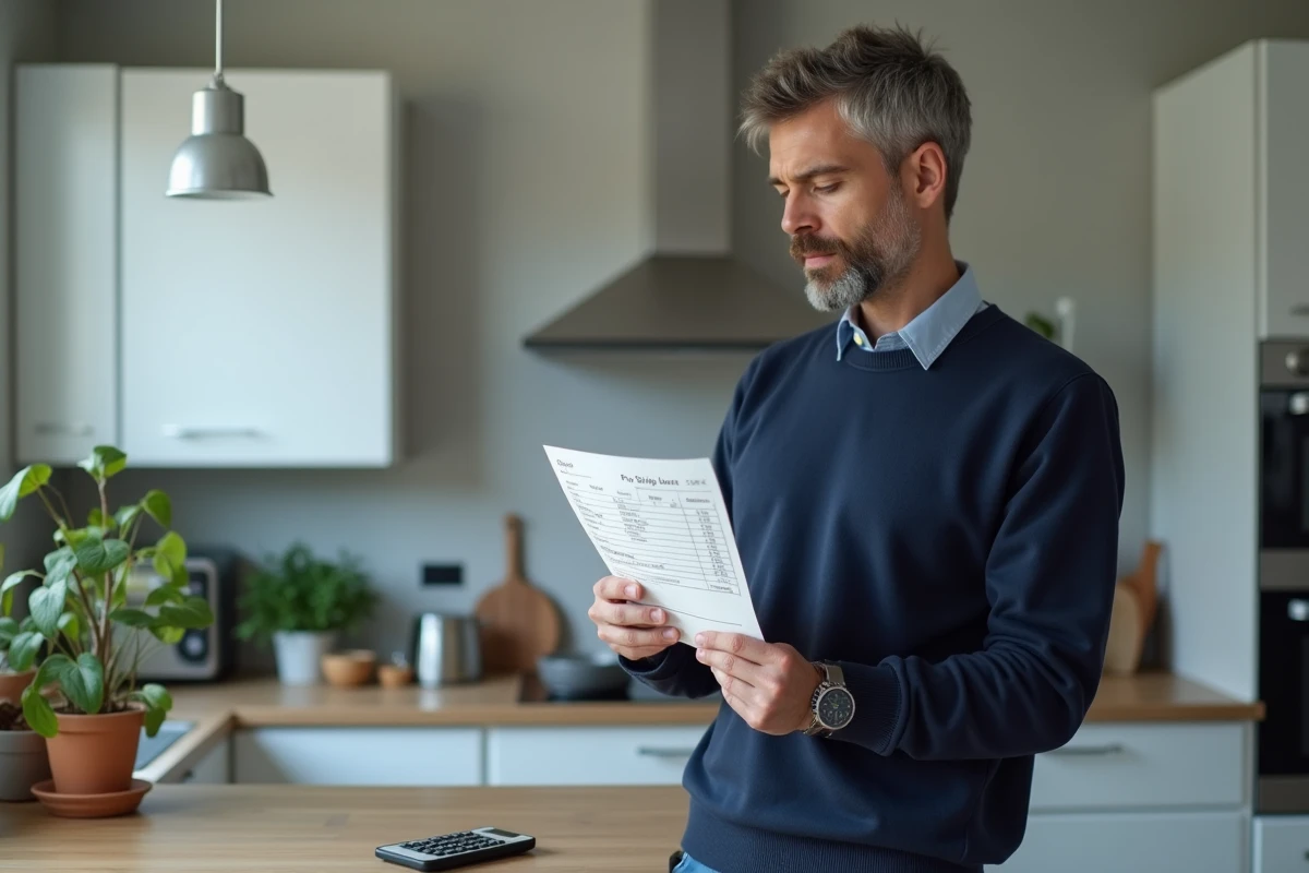 Homme à son domicile examinant sa fiche de paie avec une calculatrice, représentant le calcul du salaire net à partir de 1800 euros bruts