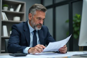 Homme d'affaires en costume bleu examine des rapports financiers