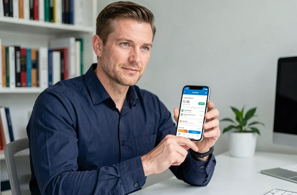 Homme gérant ses finances personnelles sur application bancaire mobile LCL depuis son bureau