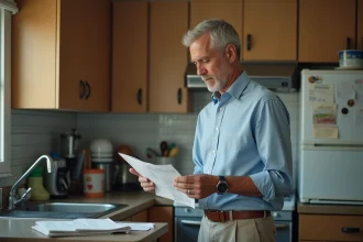 Homme d'âge moyen vérifiant ses factures dans la cuisine