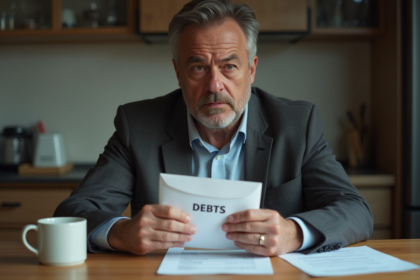 Homme d'âge moyen inquiet avec une enveloppe de dettes