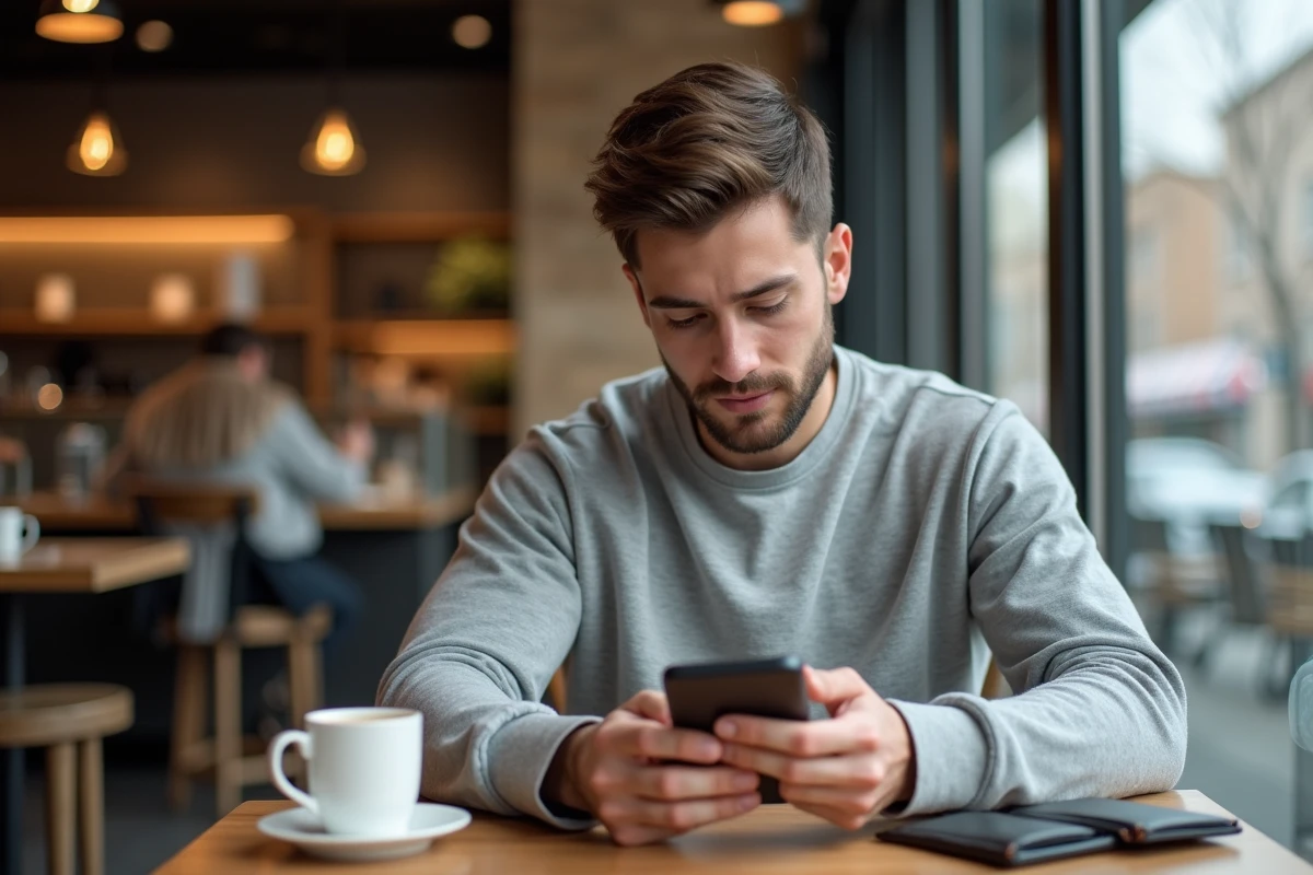 Jeune homme payant en ligne dans un café animé