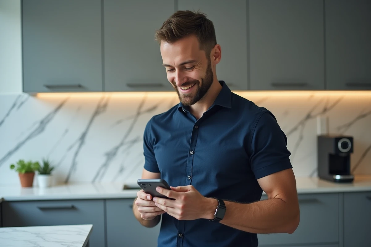 Homme consultant l'application Free sur smartphone pour payer sa facture dans une cuisine moderne