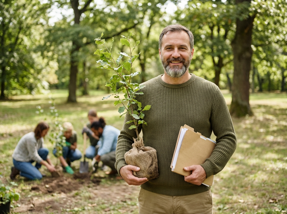 Homme avec jeune arbre dans parc ensoleille