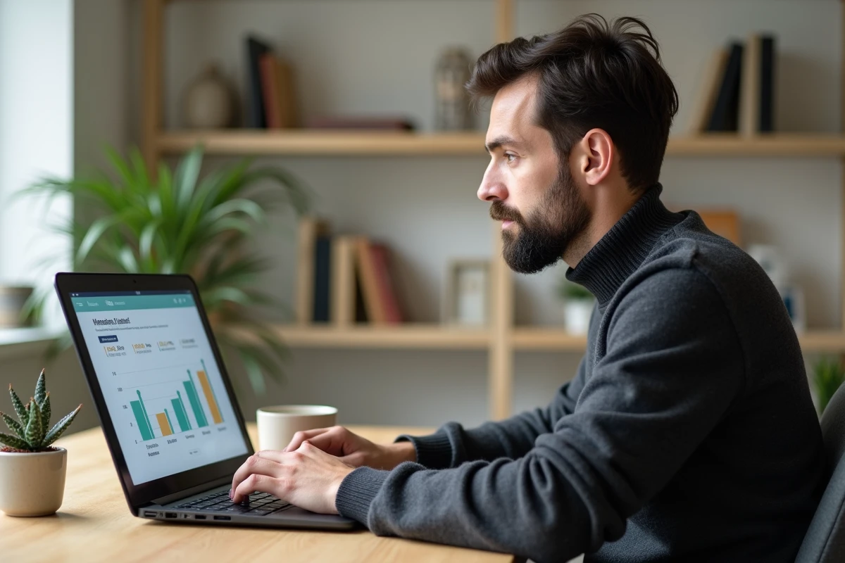 Homme consultant un tableau de répartition de portefeuille d'investissements alternatifs sur un ordinateur portable dans un bureau à domicile