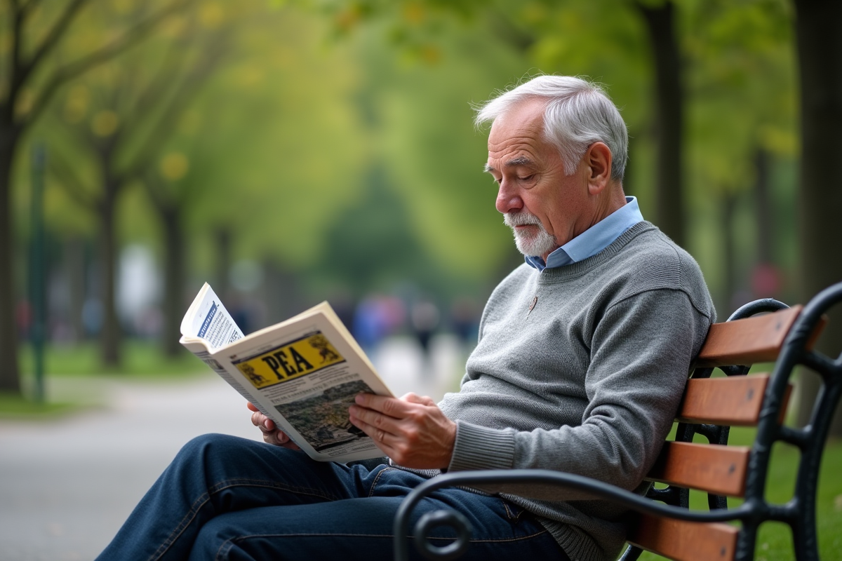 Homme retraité lisant magazine financier dans un parc