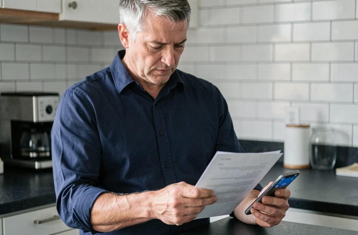 Homme comparant sa fiche de paie et un simulateur de salaire net sur smartphone dans une cuisine