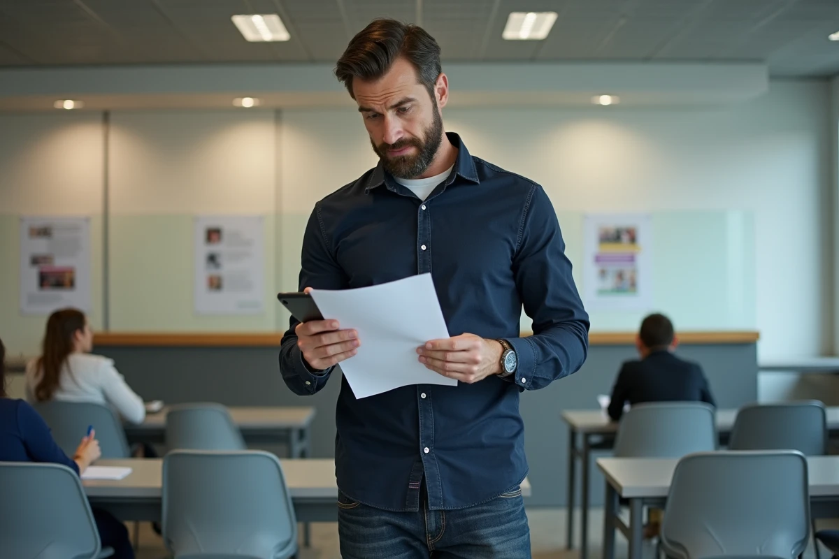 Homme consultant son smartphone dans une salle d'attente de Pôle emploi avec un document d'allocation à la main