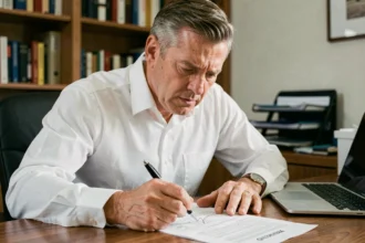 Homme signant un contrat d'assurance emprunteur avec une expression tendue, risques de fausse déclaration