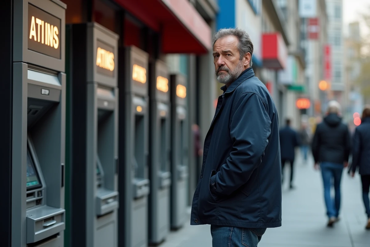 Homme perplexe devant des distributeurs automatiques hors service en ville