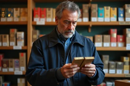 Homme comparant deux paquets de tabac en boutique en Espagne