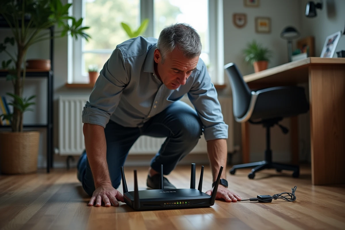 Homme vérifiant les câbles et voyants d un routeur sans fil dans un appartement