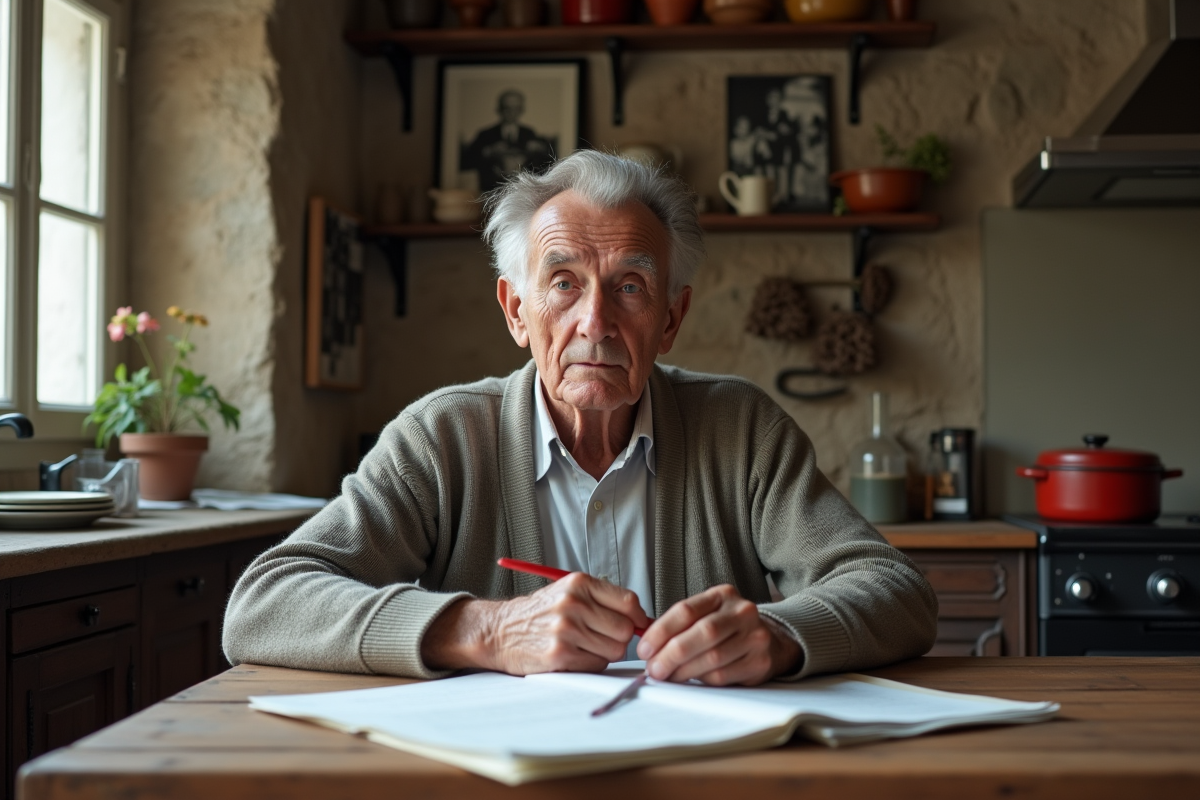 Homme âgé français examinant des documents de retraite