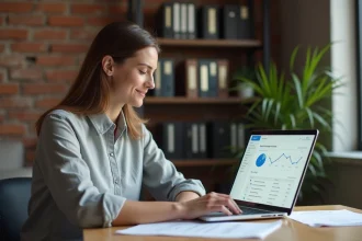 Indépendante utilisant l'application bancaire OLINDA sur son ordinateur portable dans un bureau à domicile moderne