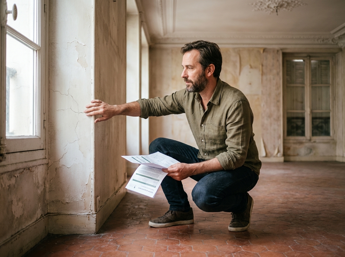 Homme inspectant un diagnostic humidité dans un appartement parisien vide avec tomettes et moulures anciennes avant achat immobilier