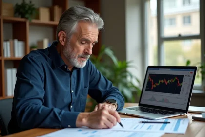 Investisseur particulier analysant des graphiques boursiers d'Orange sur un bureau à domicile avec forum Boursorama ouvert sur ordinateur portable